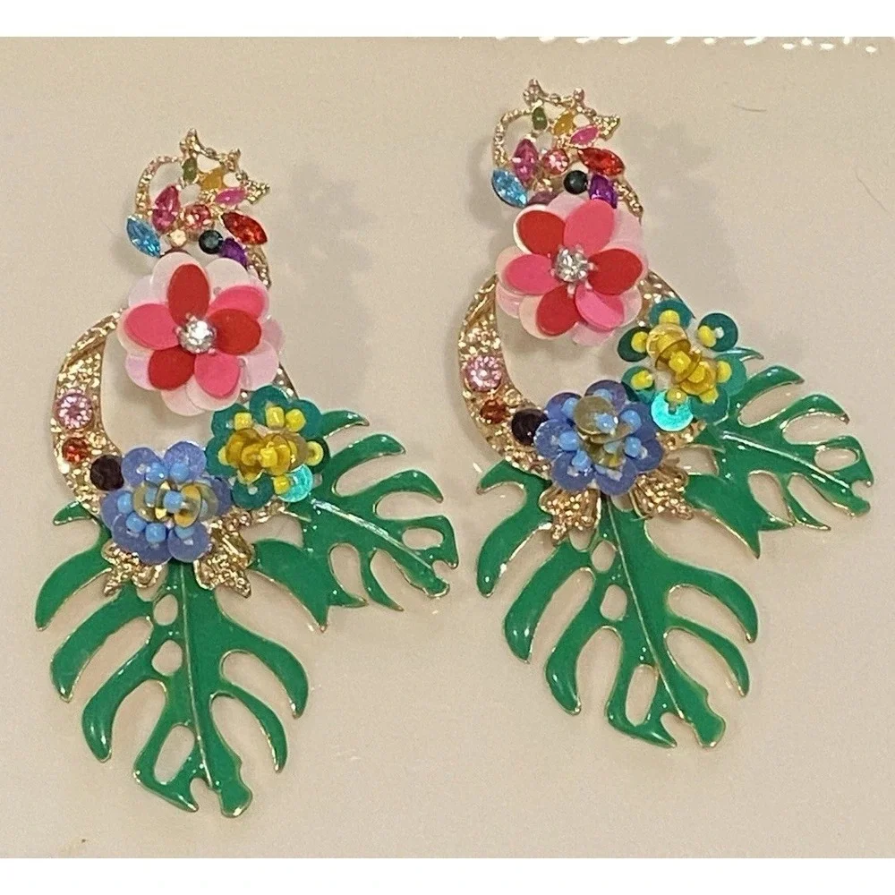 Vintage Flowers and Palm Leaf Drop Pierced Earrings 3.5 Inches Long Multi-color